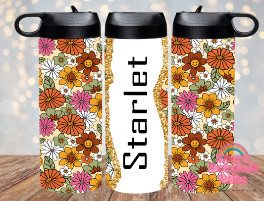 Retro Flowers Personalised 20oz Insulated Drink Bottle