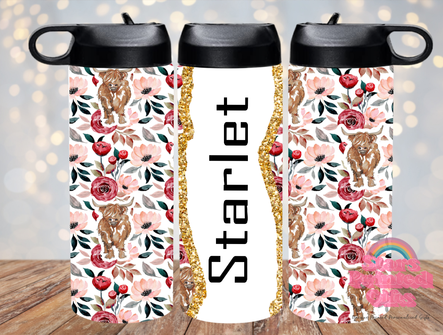 Pink Floral Highland Cow  Personalised 20oz Insulated Drink Bottle