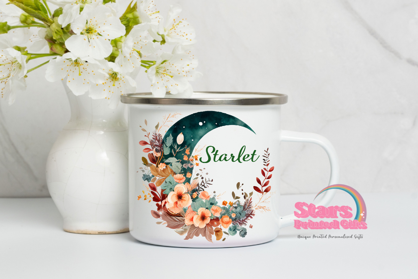 Floral Moon Personalised Enamel Mug