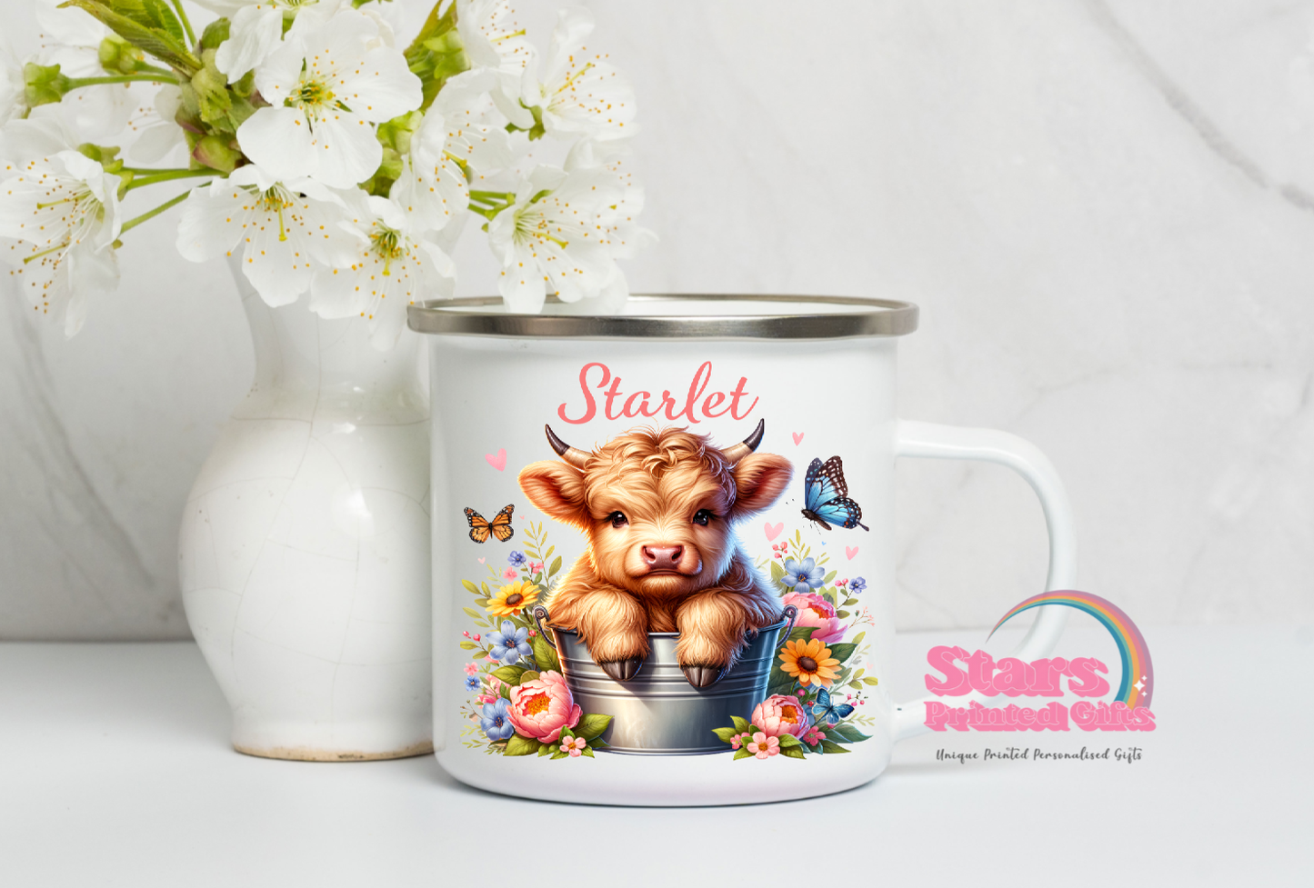 Floral Highland Cow Enamel Mug