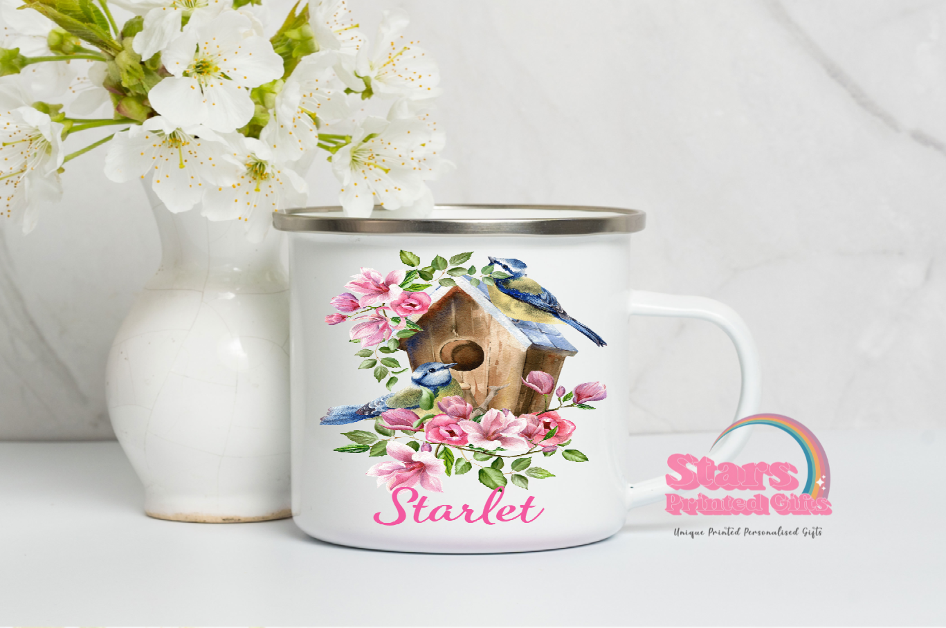 Blue Bird Birdhouse Personalised Enamel Mug