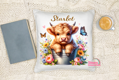 Floral Highland Cow Personalised Pillow