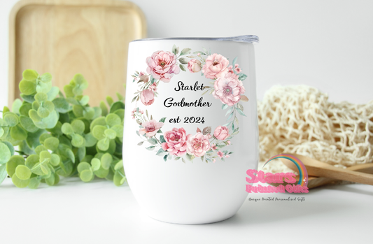 Peony Rose Wreath Personalised Godmother 12oz Tumbler