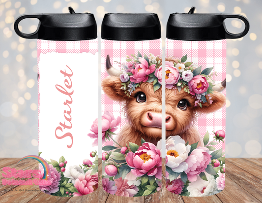 Floral Highland Cow Personalised Insulated Drink Bottle