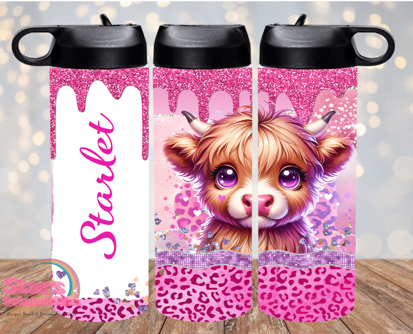 Pink Highland Cow Personalised Insulated Drink Bottle