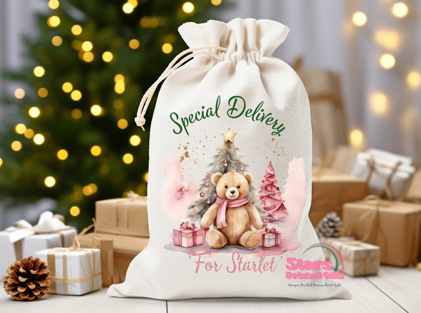 Pink Christmas Bear Personalised Santa Sack / Christmas Gift Bag