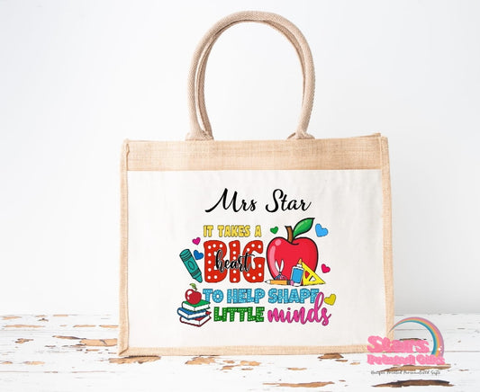 Custom Personalised Teacher Linen Canvas Jute Tote Bag