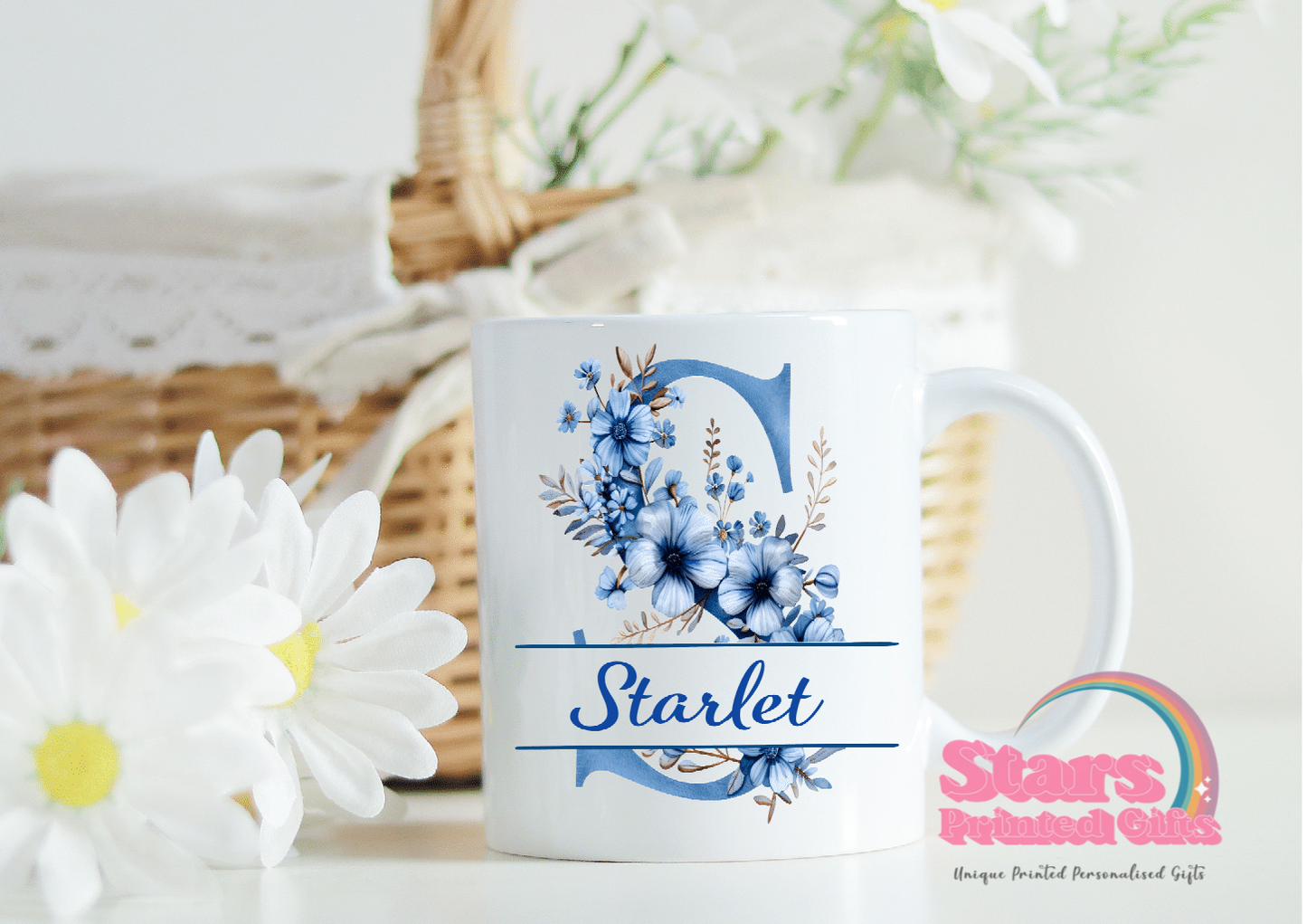 Blue Floral Monogram Personalised 11/15oz Ceramic Mug