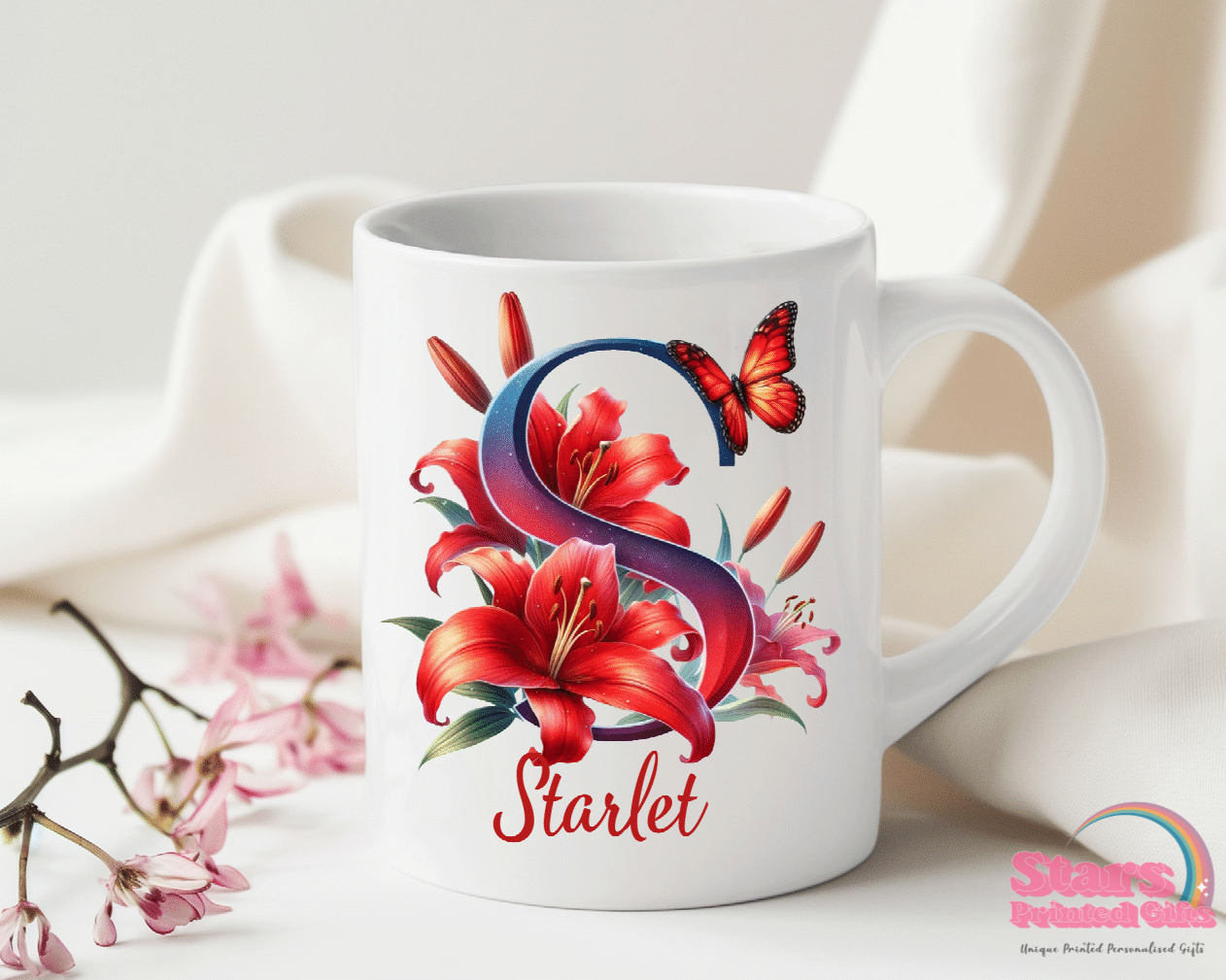 Red Floral Butterfly Personalised 11/15oz Ceramic Mug