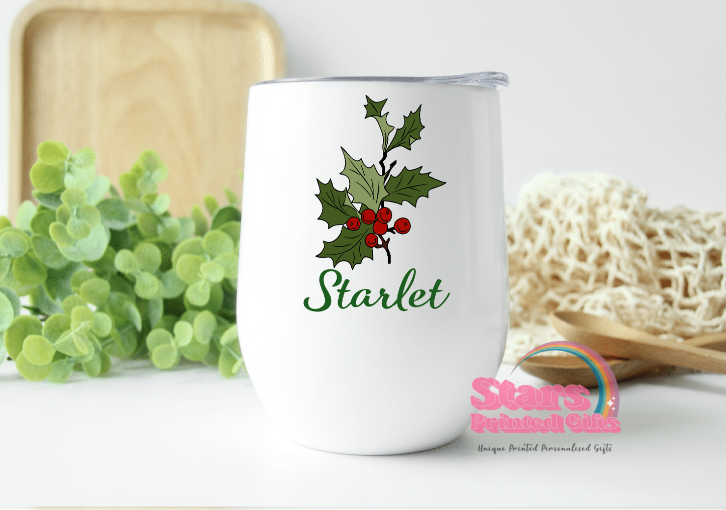 Christmas Holly Leaf Personalised Insulated Wine/Coffee Tumbler