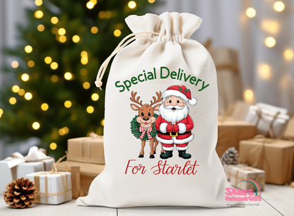 Personalised Santa Sack, Santa and Reindeer, Personalised Christmas Gift Bag