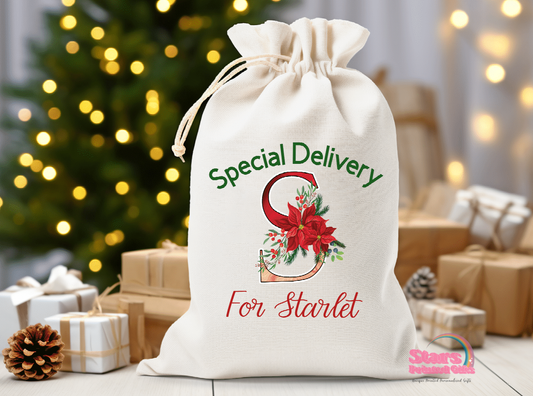 Personalised Santa Sack,Holly Leaf Letters, Christmas Gift Bag