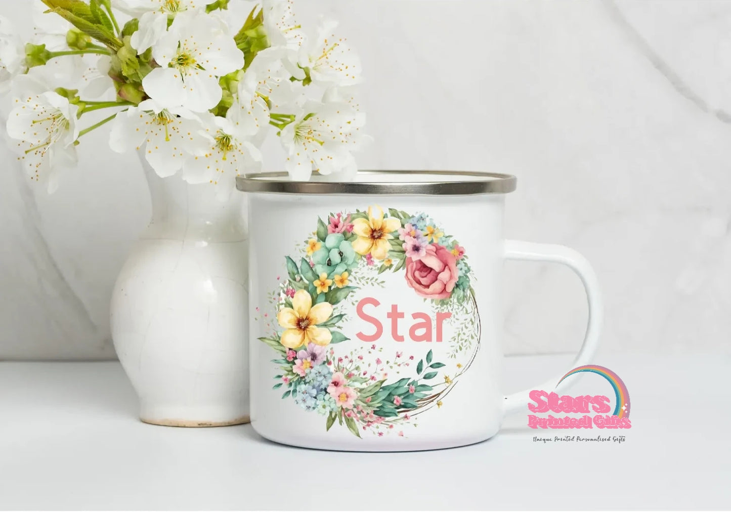 Floral Wreath Printed Personalised Enamel Mug