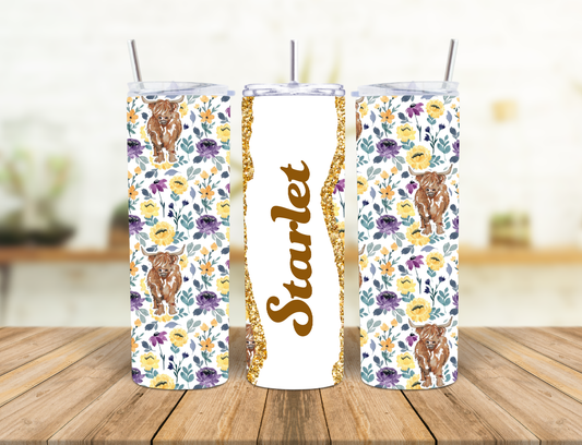 Purple Floral Highland Cow Personalised 20oz Insulated Tumbler