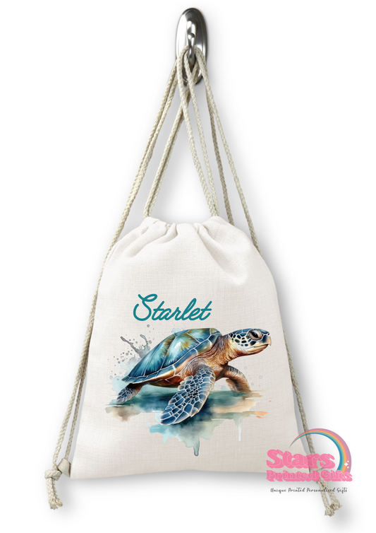 Personalised Gym Bag, Turtle, Drawstring Backpack, Daycare Bag, Library Bag.