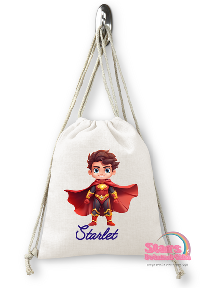 Personalised Gym Bag-Super Hero, Drawstring Backpack, Daycare Bag, Library Bag,