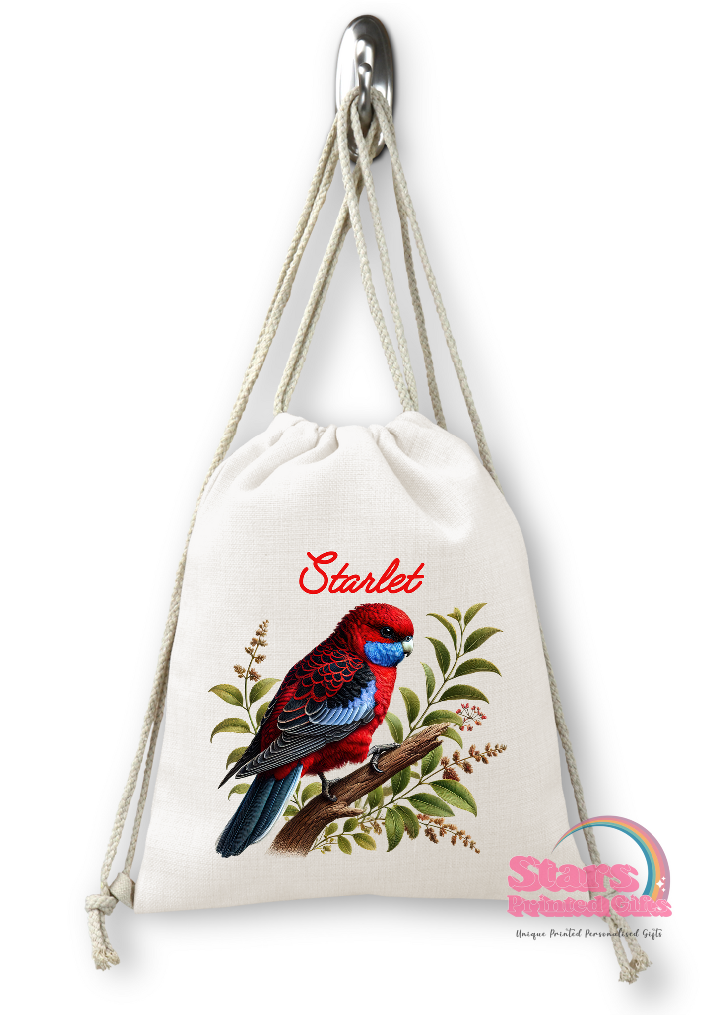 Personalised Gym, Birds Parrot,Kookaburras, Owl. Drawstring Backpack, Daycare Bag, Library Bag.