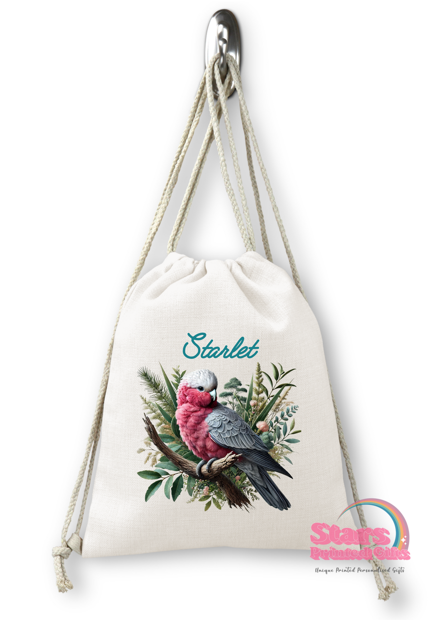 Personalised Gym, Birds Parrot,Kookaburras, Owl. Drawstring Backpack, Daycare Bag, Library Bag.