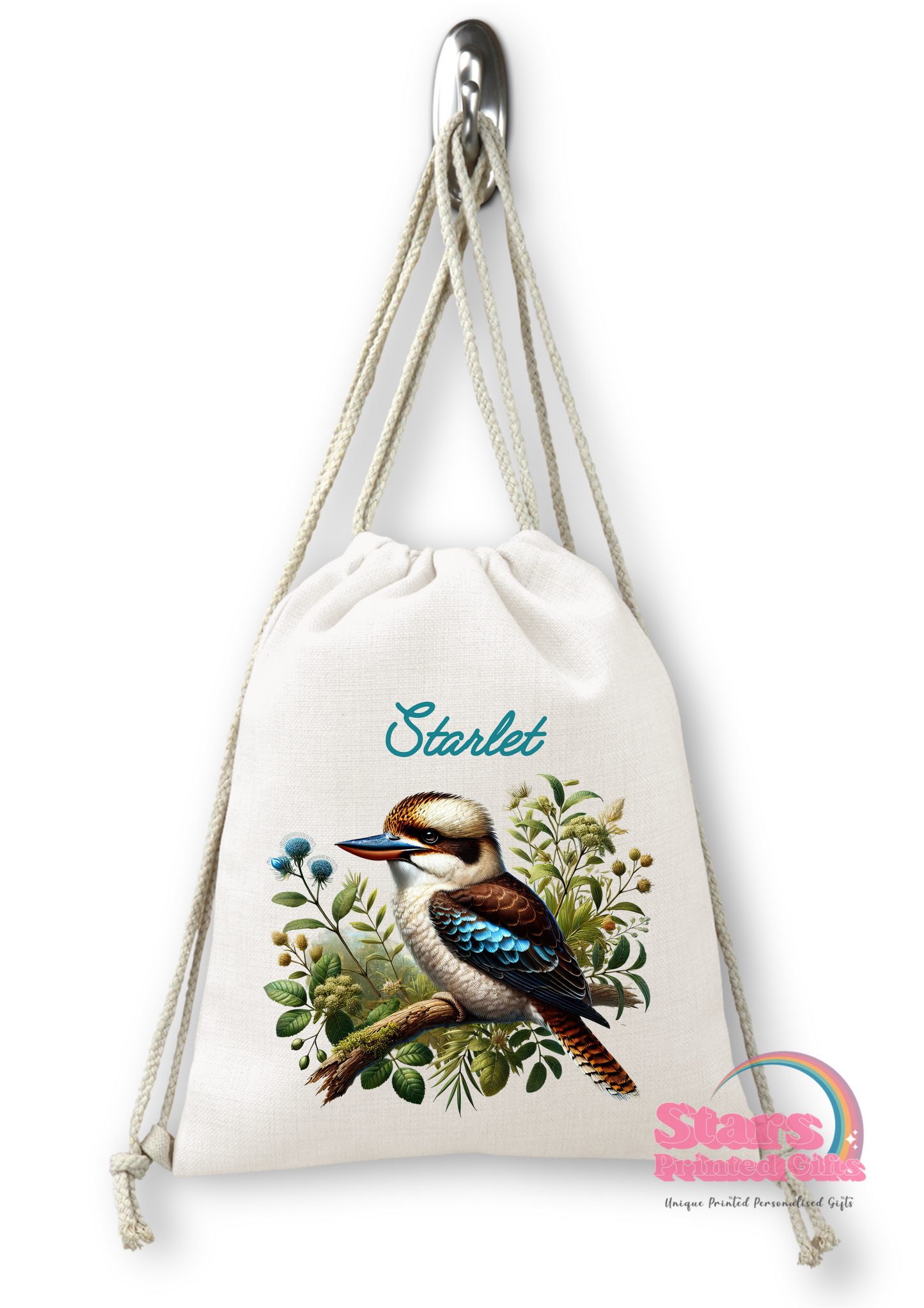 Personalised Gym, Birds Parrot,Kookaburras, Owl. Drawstring Backpack, Daycare Bag, Library Bag.