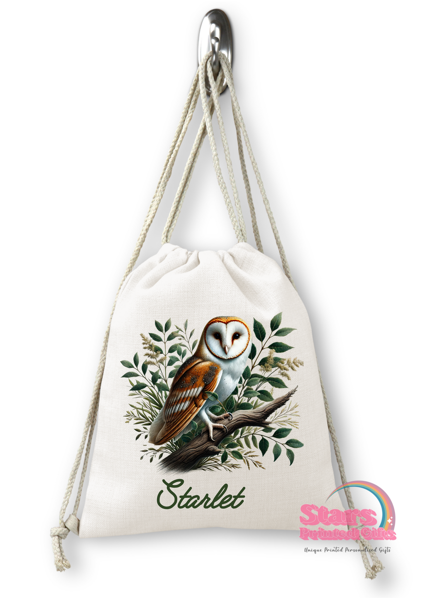 Personalised Gym, Birds Parrot,Kookaburras, Owl. Drawstring Backpack, Daycare Bag, Library Bag.