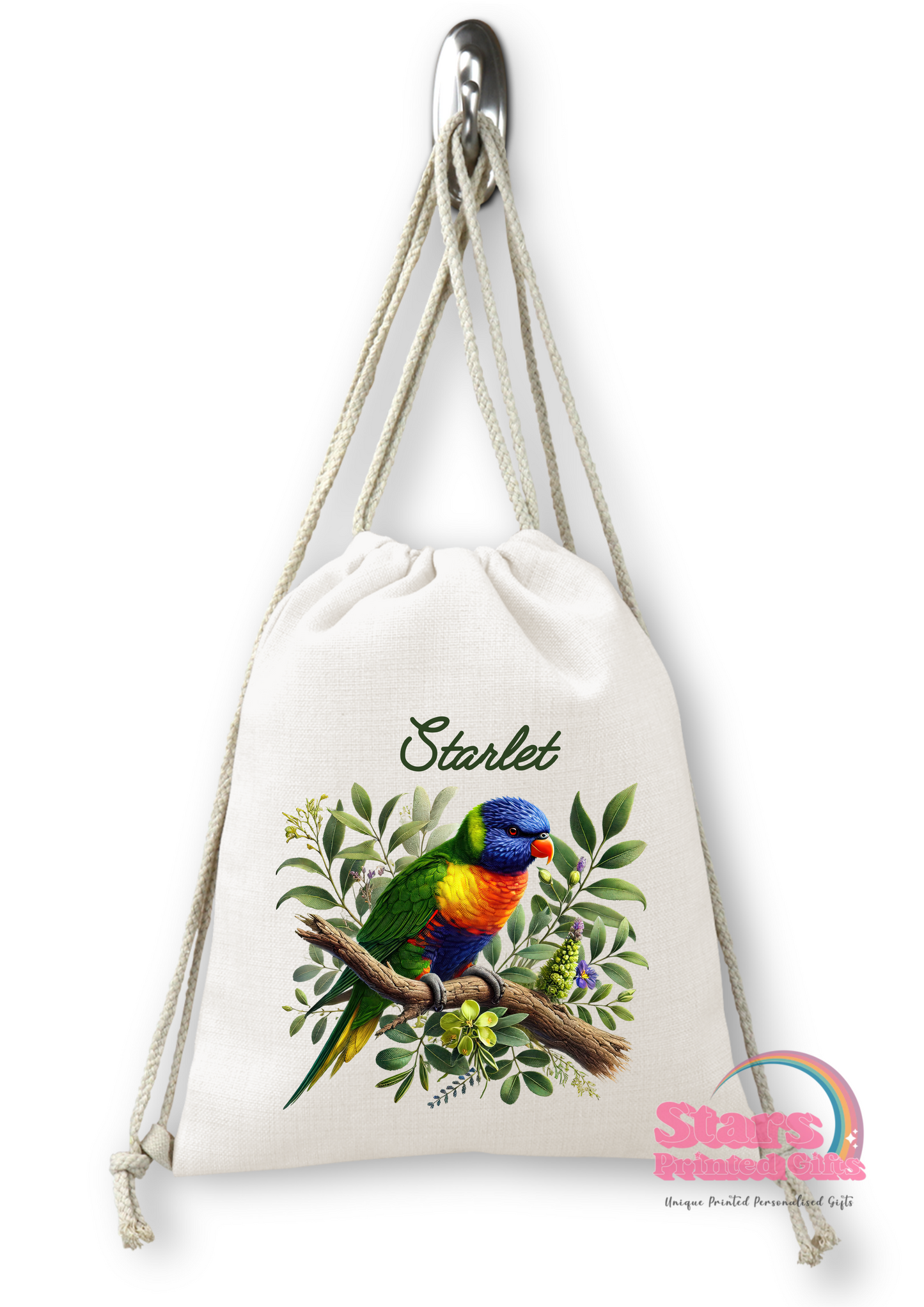 Personalised Gym, Birds Parrot,Kookaburras, Owl. Drawstring Backpack, Daycare Bag, Library Bag.